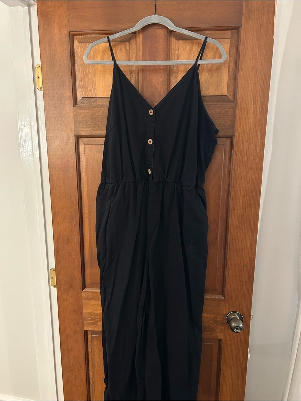 Monki Black Spaghetti-Strap Button Front Jumpsuit